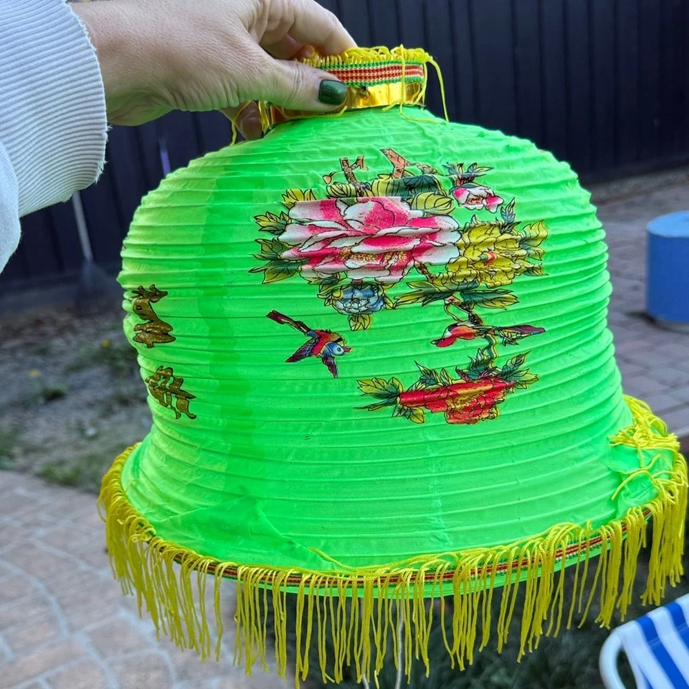 2 fabric Vintage Purple Floral Lantern with Yellow Fringe and green